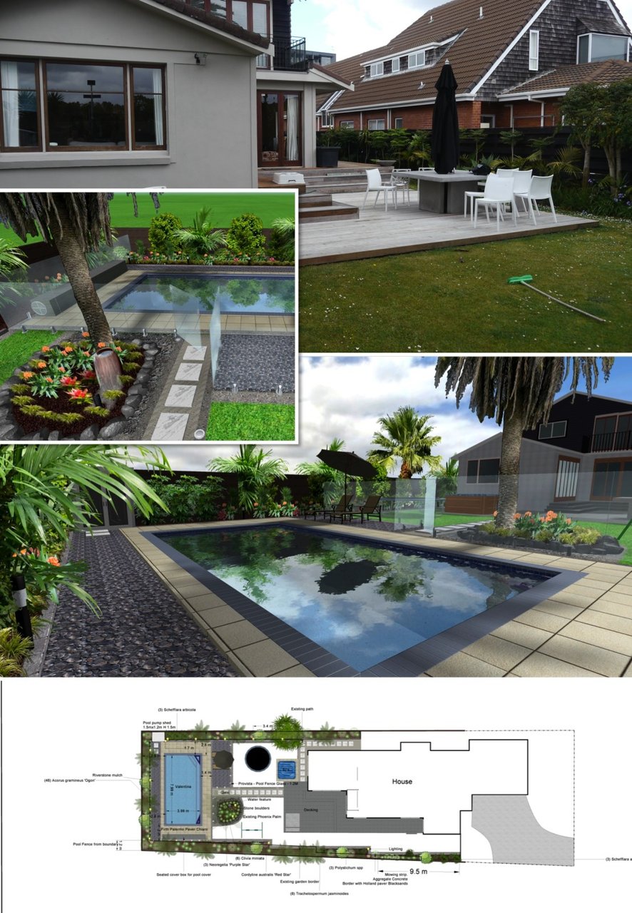 A designed garden with pool, lawn and planting board