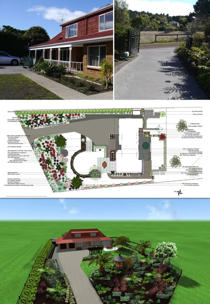 A landscape master plan drawing with planting and levels